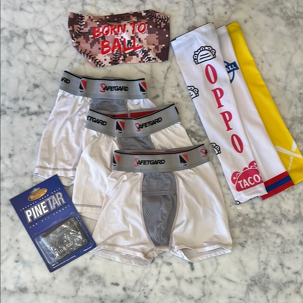 Lot of Youth Baseball Gear: set of cup underwear, armsleeves, headband, pine tar